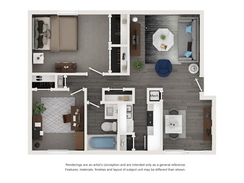 Floor plan for 2 beds, 1 bath, 968 sqft